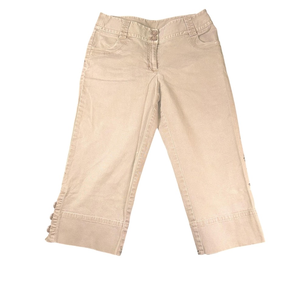 Rafaella Capri Pants Womens 6P Khaki Beige Cropped Stretch Twill Button Hem